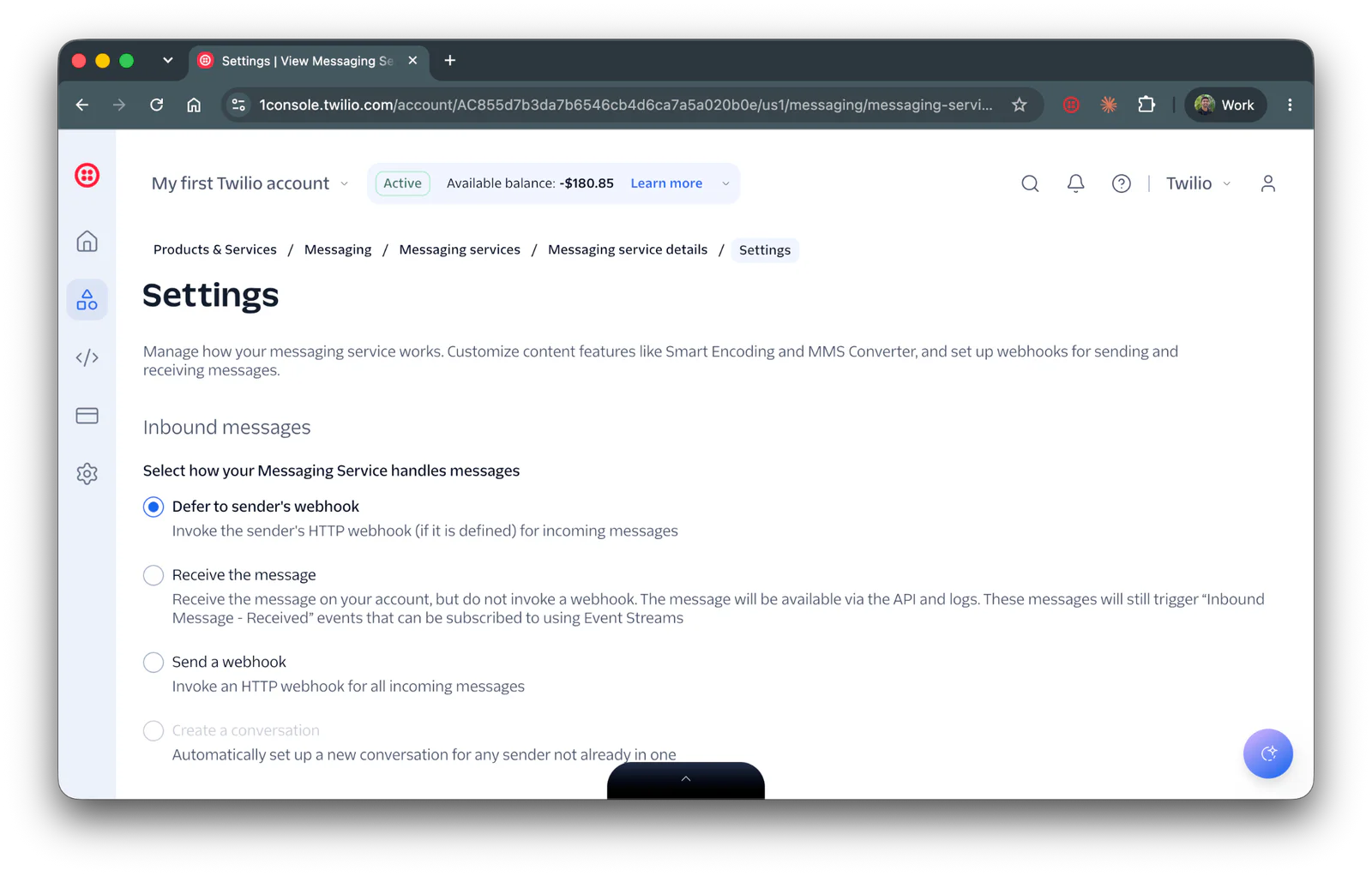 Twilio settings page displaying options for handling inbound messages for a messaging service.