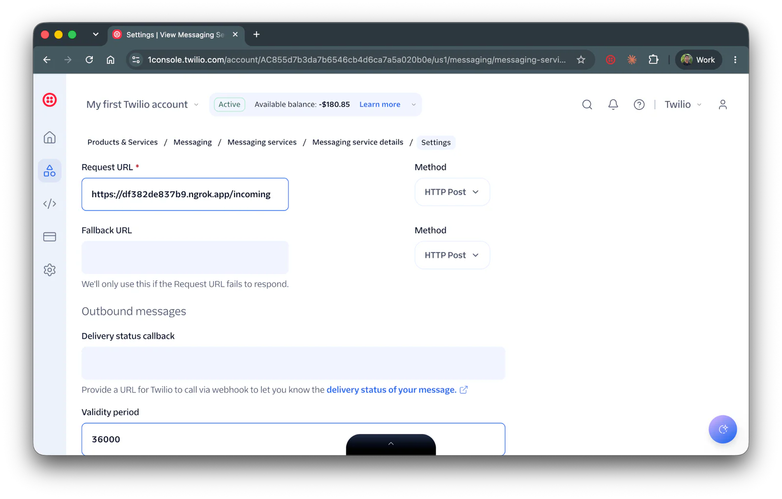 Screenshot of Twilio messaging service configuration settings page with request URL and method fields.