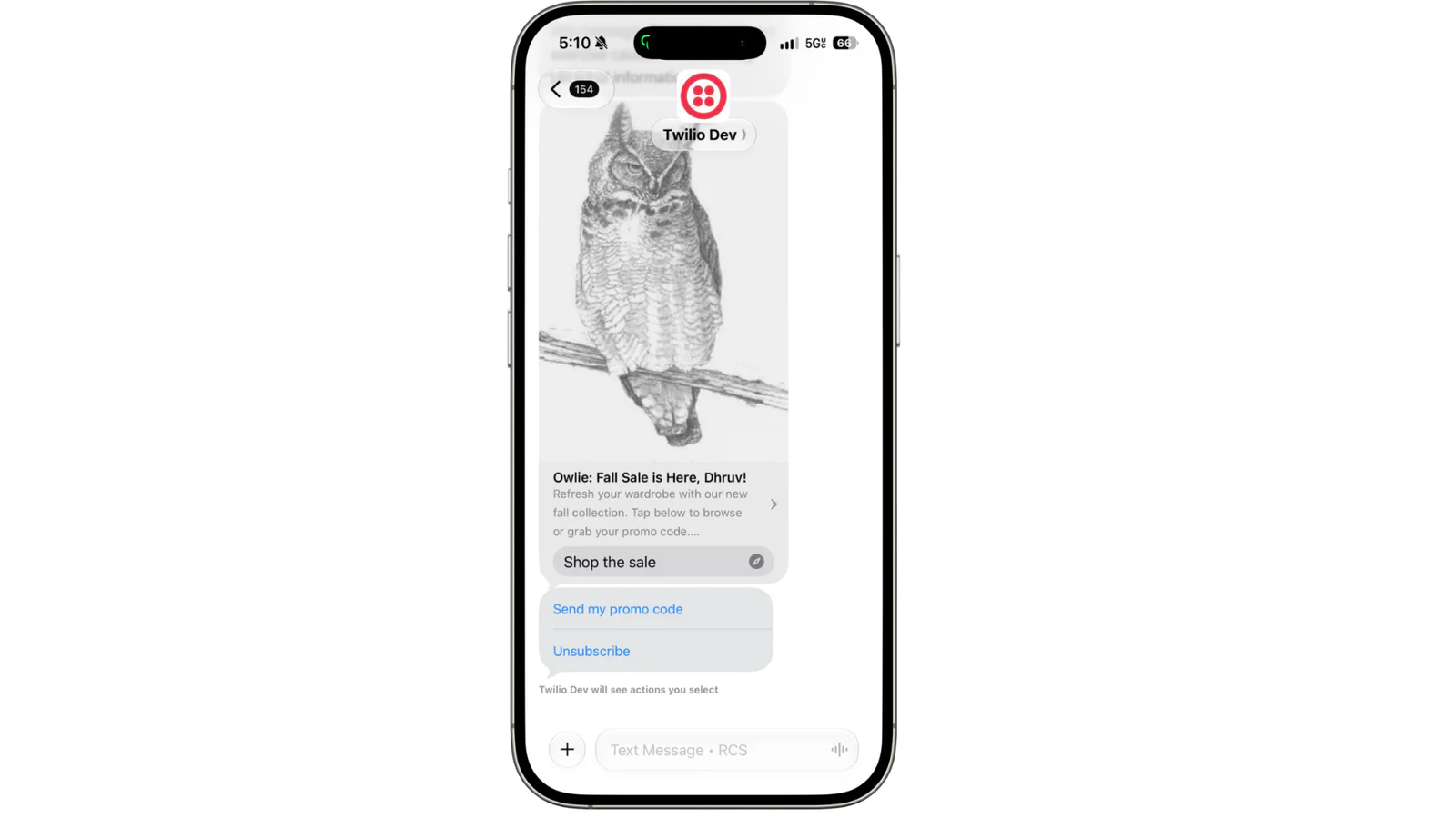 Smartphone with a screen showing a Twilio Dev message and an image of an owl, offering a sale and options to unsubscribe.