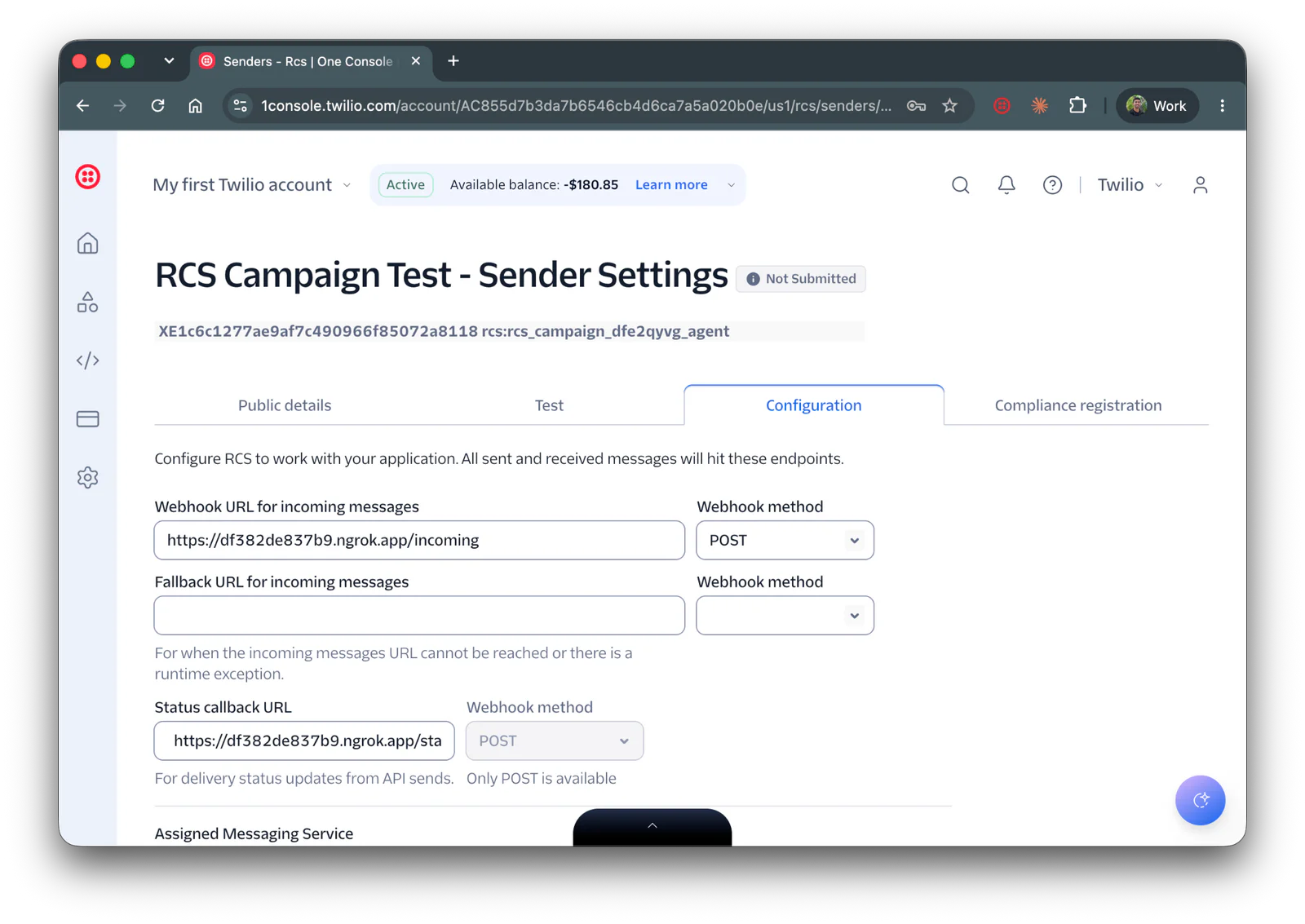 Screenshot of the Twilio Messaging Service Integration page with the Send a webhook option selected and the incoming webhook URL filled in.
