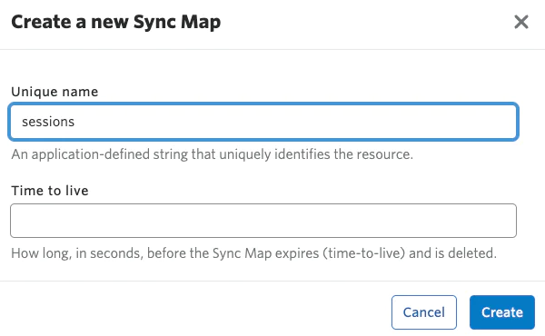 Modal Window for Creating a New Sync Map Modal window to create a new Sync Map with fields for a unique name and time to live.