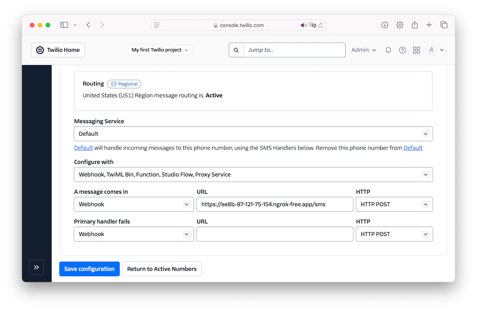 Screenshot of Twilio console showing phone number messaging configuration options. Screenshot of Twilio console showing phone number messaging configuration options.