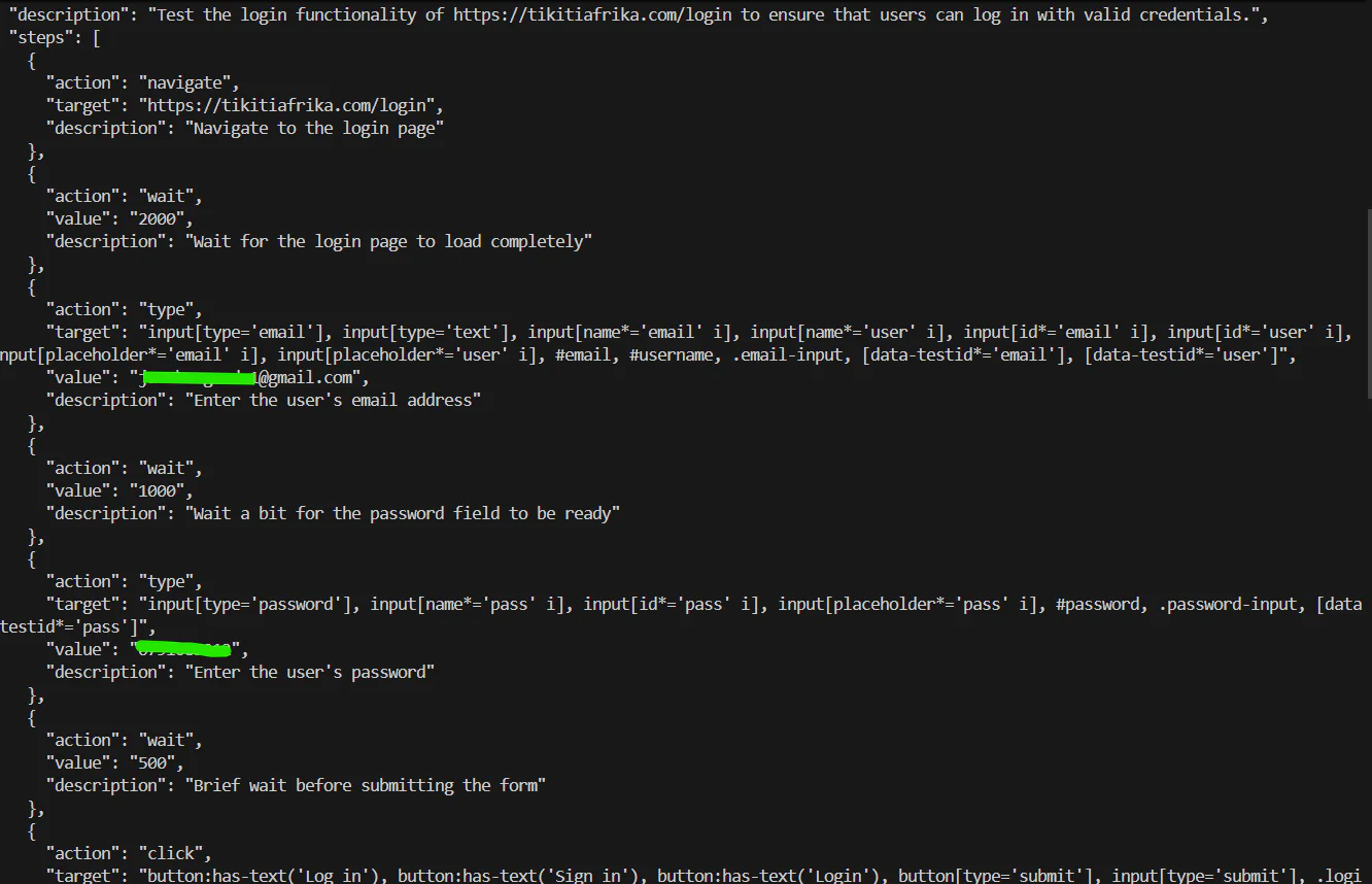 Screenshot of a Python script with automated steps for testing a login function, filling email, and password fields.