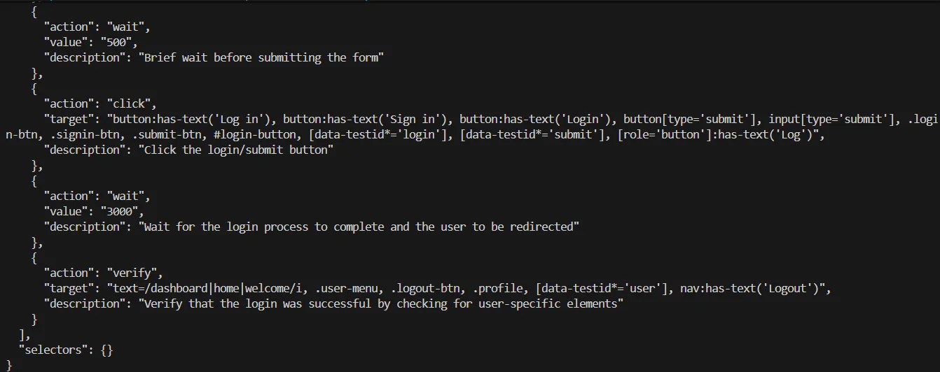 Code defines actions for login and verification including wait times and button clicks