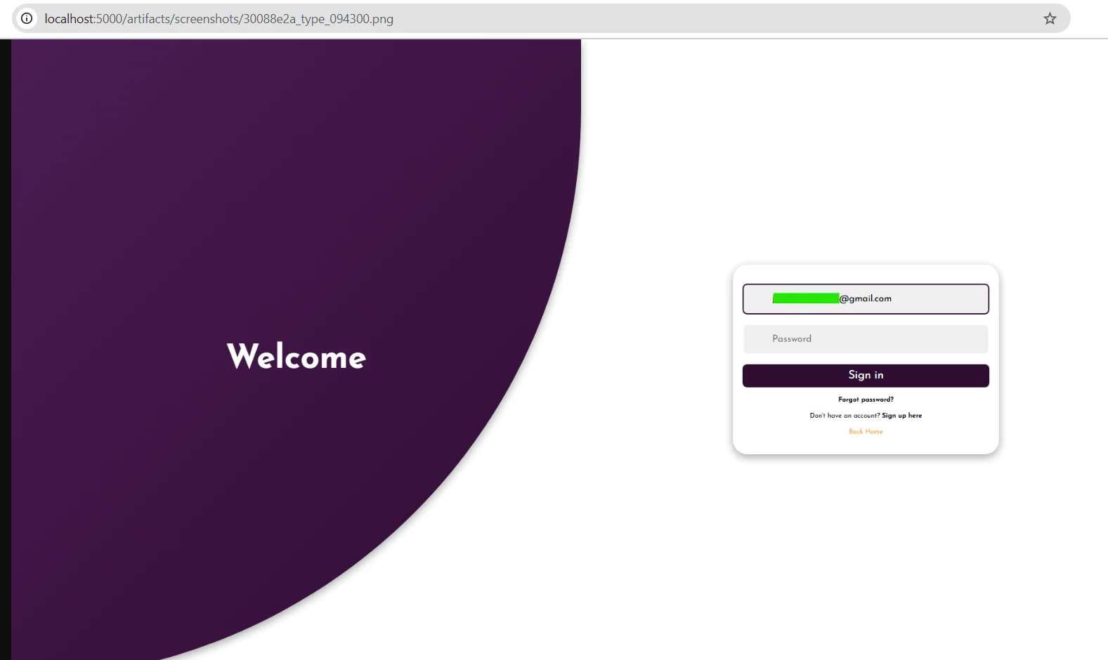 Login page screenshot with email input filled and an option for password recovery.