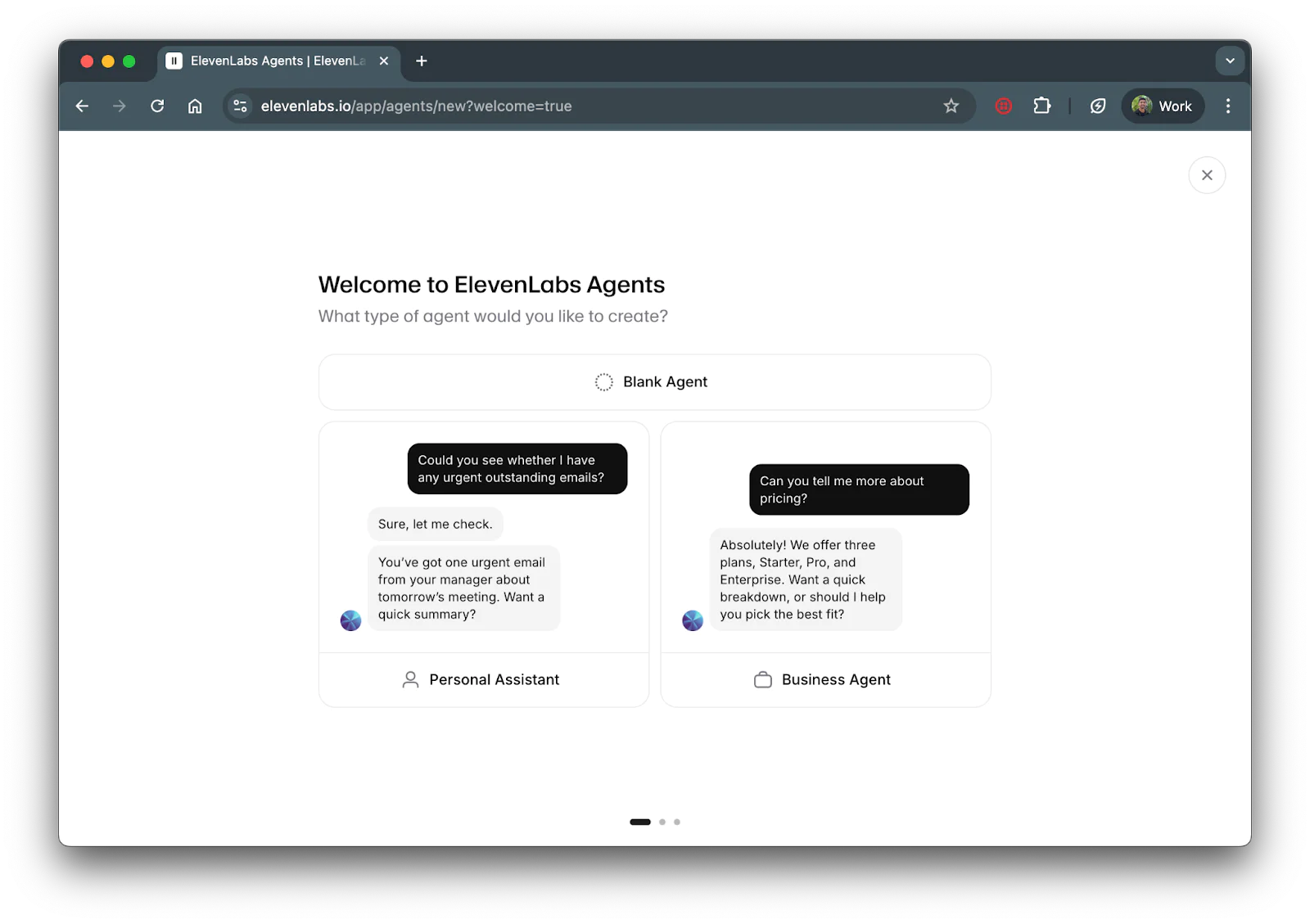 A modal welcoming the user to elevenlas agents and asking to click what type of agent to create.