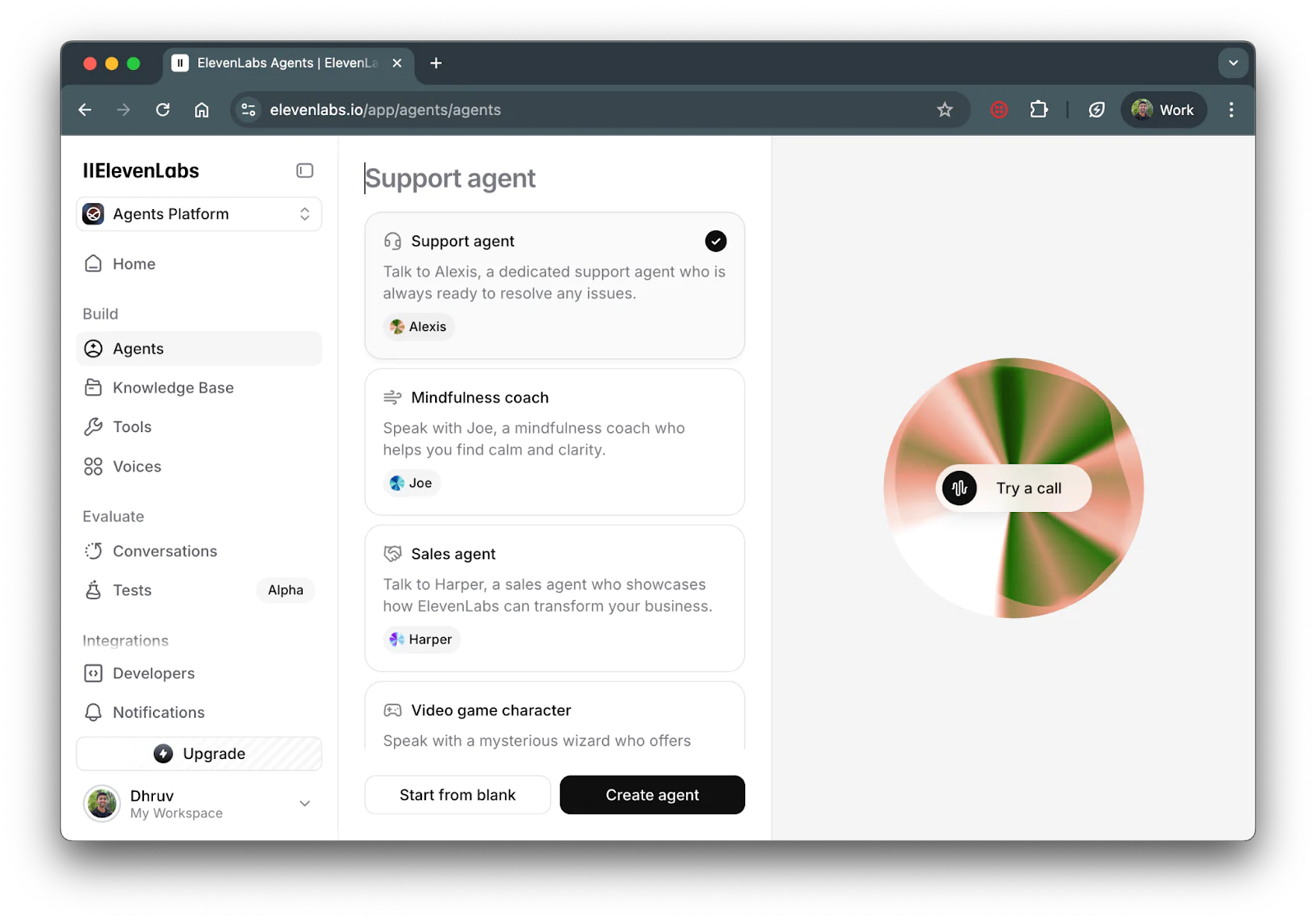 Agents section of the dashboard showing a selection of different types of agents.