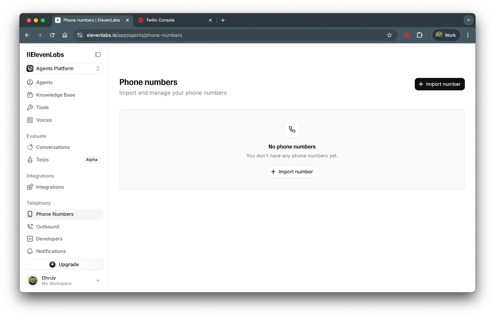 Phone numbers section on the ElevenLabs dashboard showing "No phone numbers" and a black button on the top right showing '+ import number"