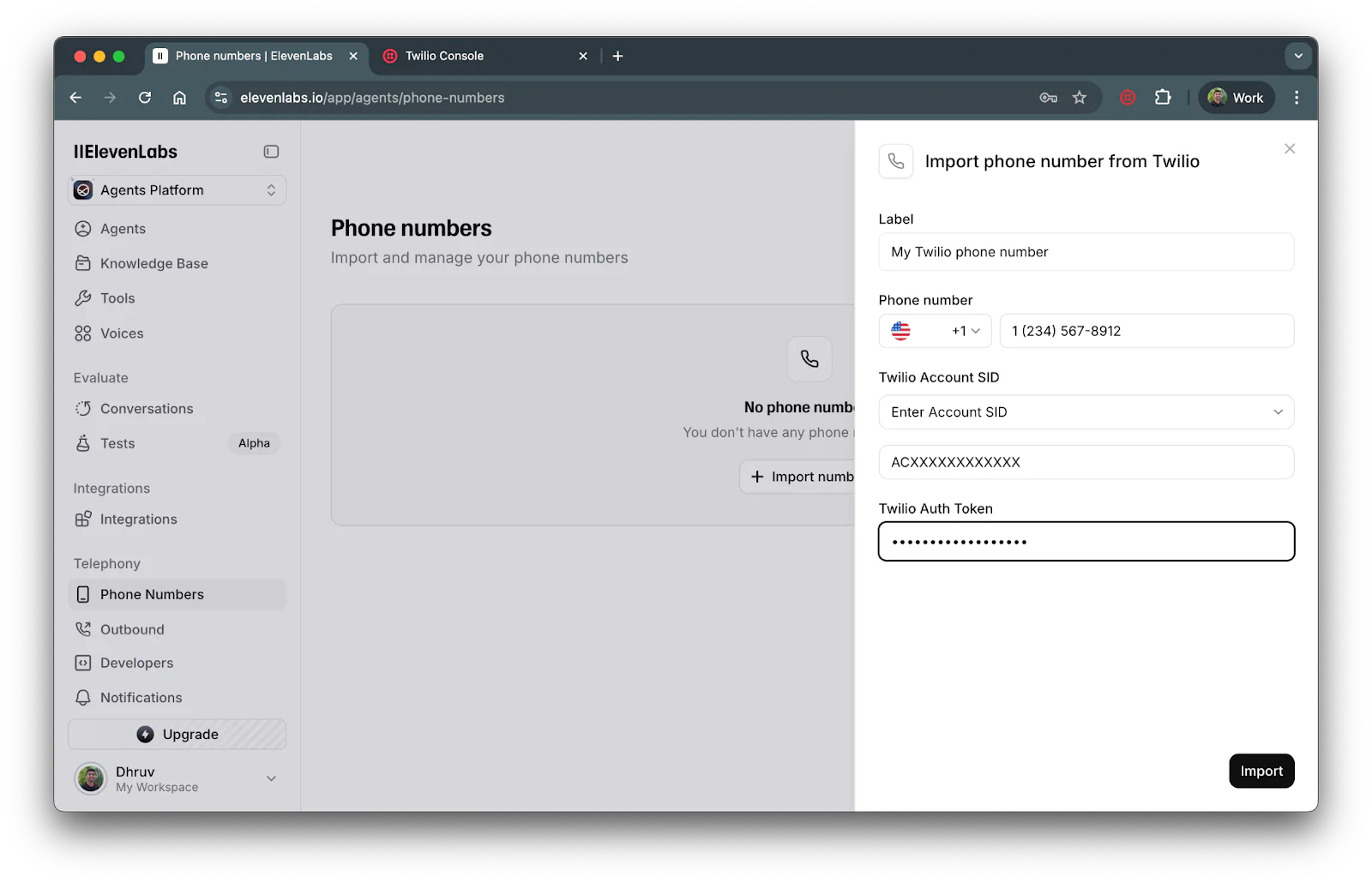 Screenshot of IIelevantLabs interface with the process of importing a phone number from Twilio.