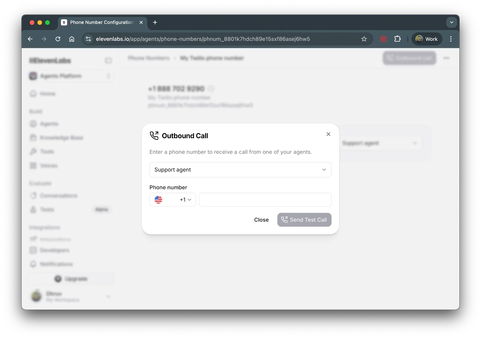 Menu showing outbound call