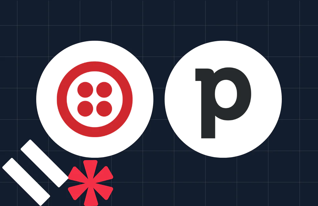 Logos of Twilio and Pipedrive on a dark grid background with extra graphic elements at the bottom left
