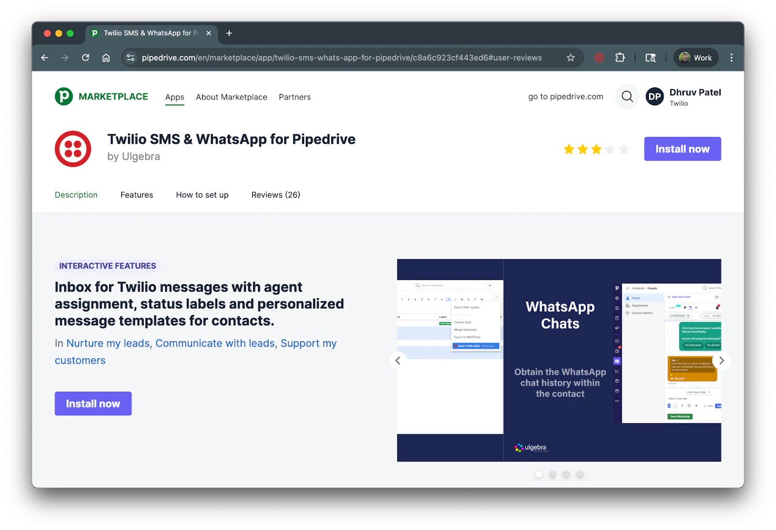 Screenshot showing the twilio app page on the pipedrive marketplace. There is a purple "Install now" button on the top right corner.