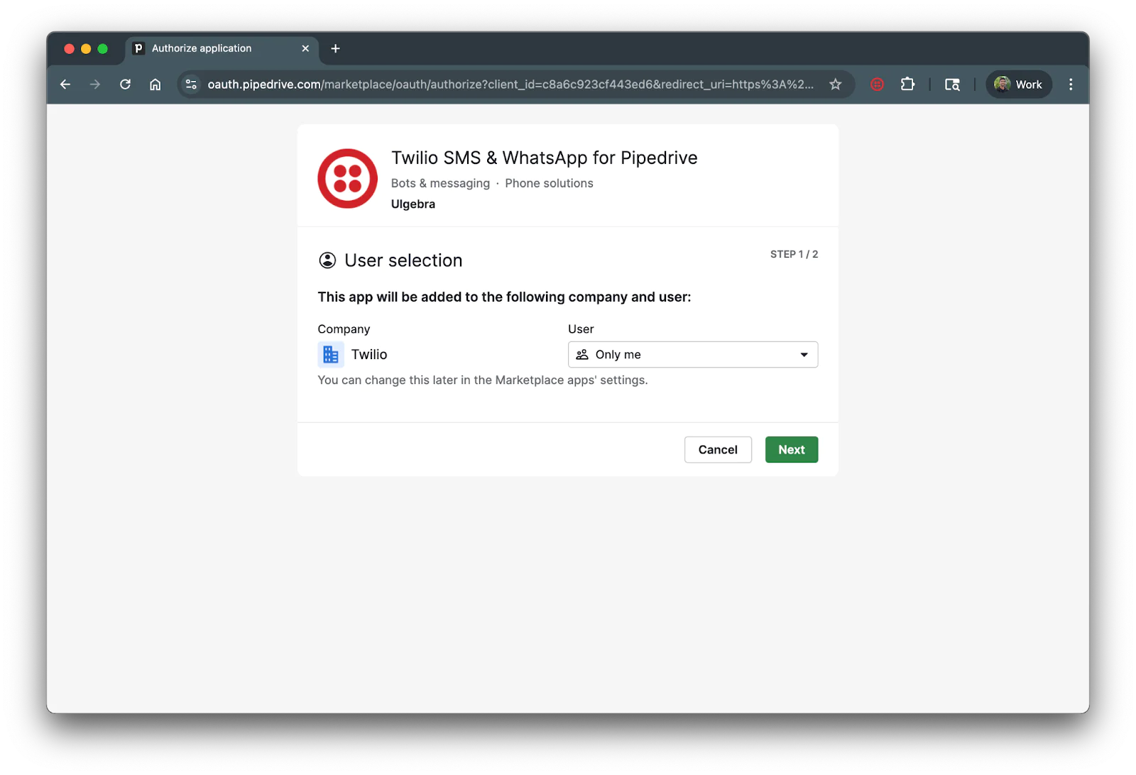 Screenshot of installation setup showing the user selection section