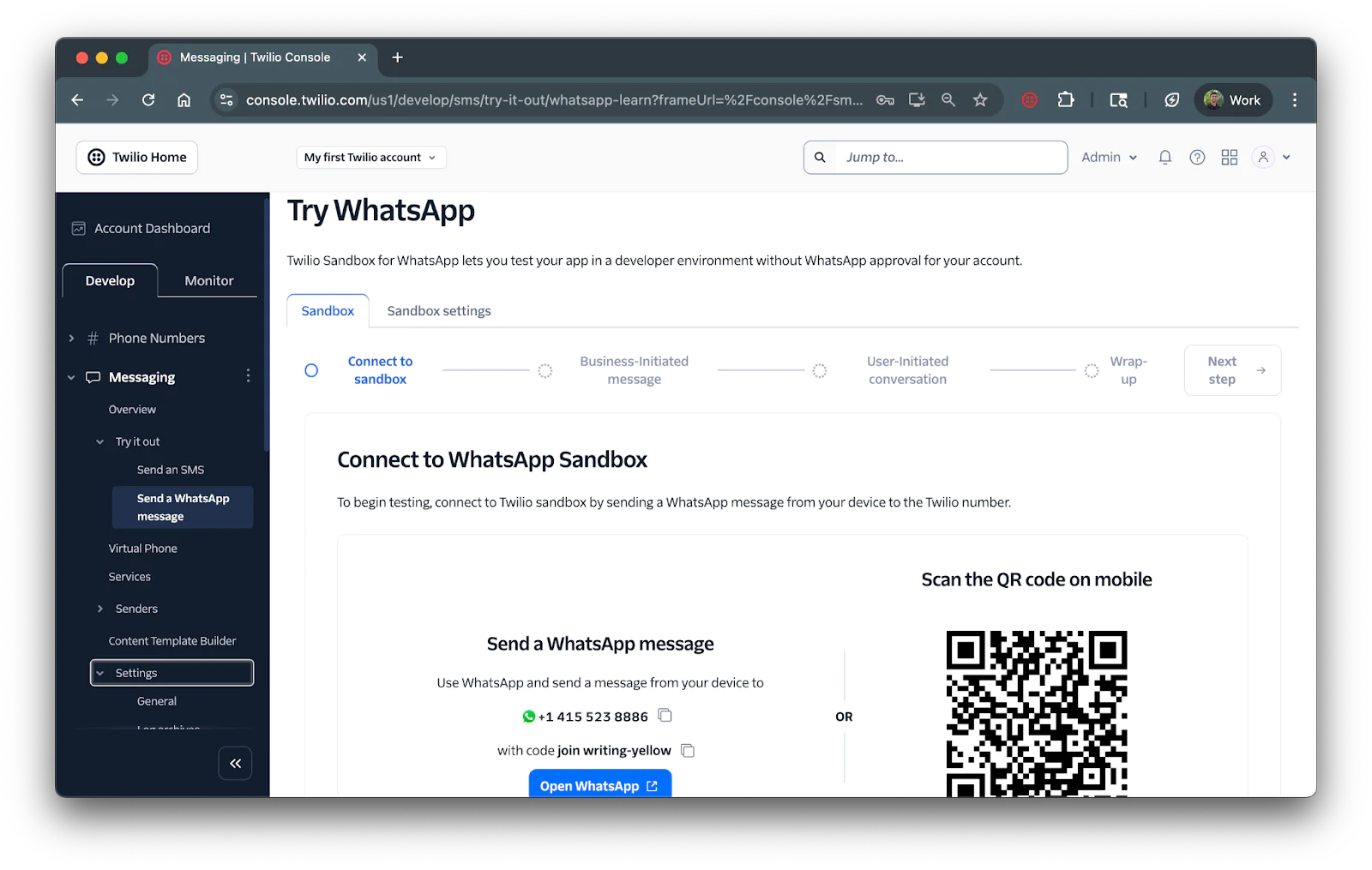 "Try Whatsapp" section of the Twilio Console. This section also shows how to connect to the WhatsApp Sandbox.