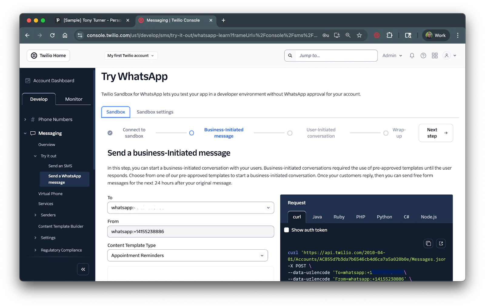 Screenshot of Twilio console with instructions for sending a WhatsApp business-initiated message.
