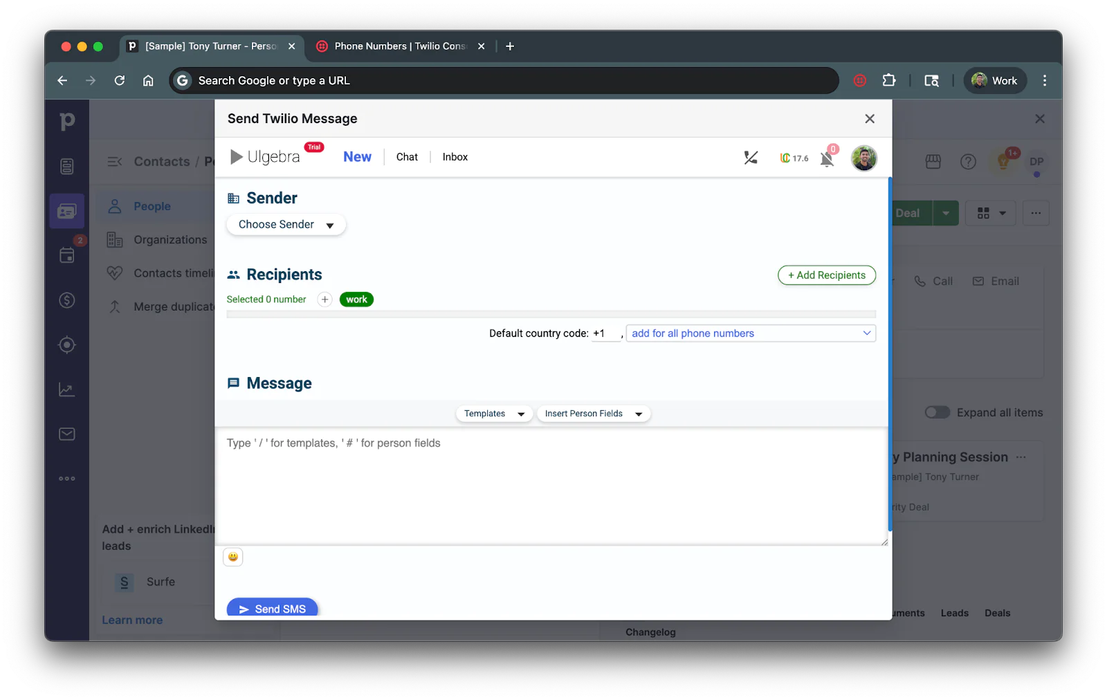 Screenshot of the Ugbtra platform's interface for sending a Twilio message, with options for sender, recipients, and message content.