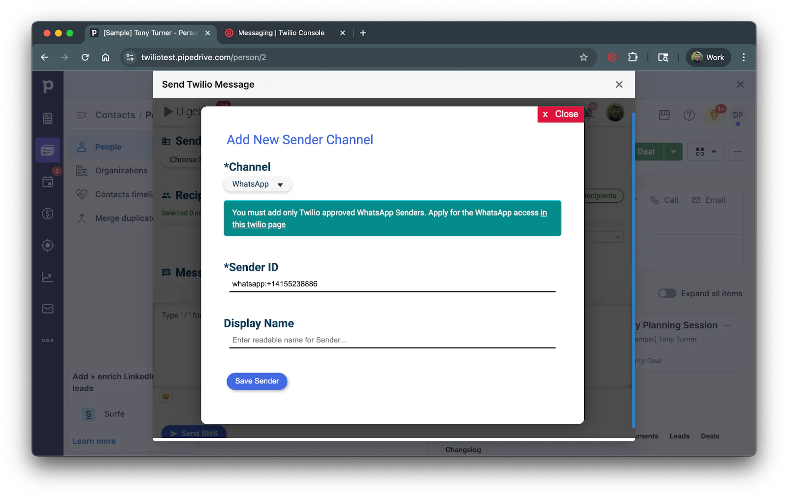Screenshot of adding a new WhatsApp sender channel in Twilio with fields for Sender ID and Display Name.