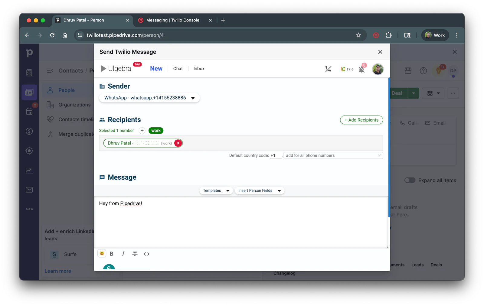 Twilio message interface for sending WhatsApp messages via Pipedrive with sender, recipients, and message fields.