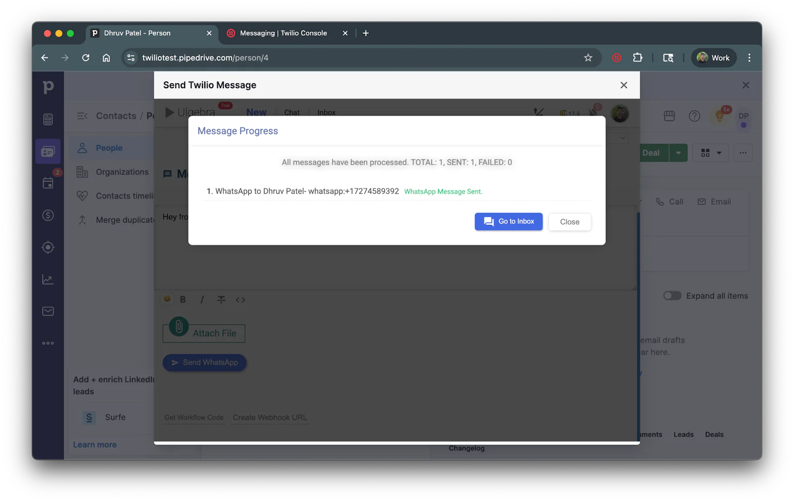 Browser displaying Twilio message progress in Perspective CRM; one message sent, none failed.