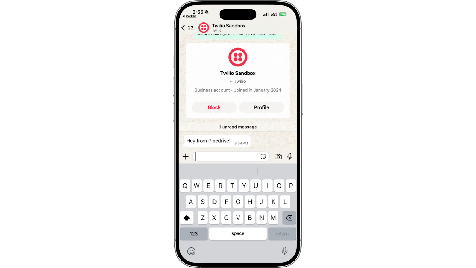 Screenshot of a WhatsApp chat with Twilio Sandbox showing a message from Pipedream.