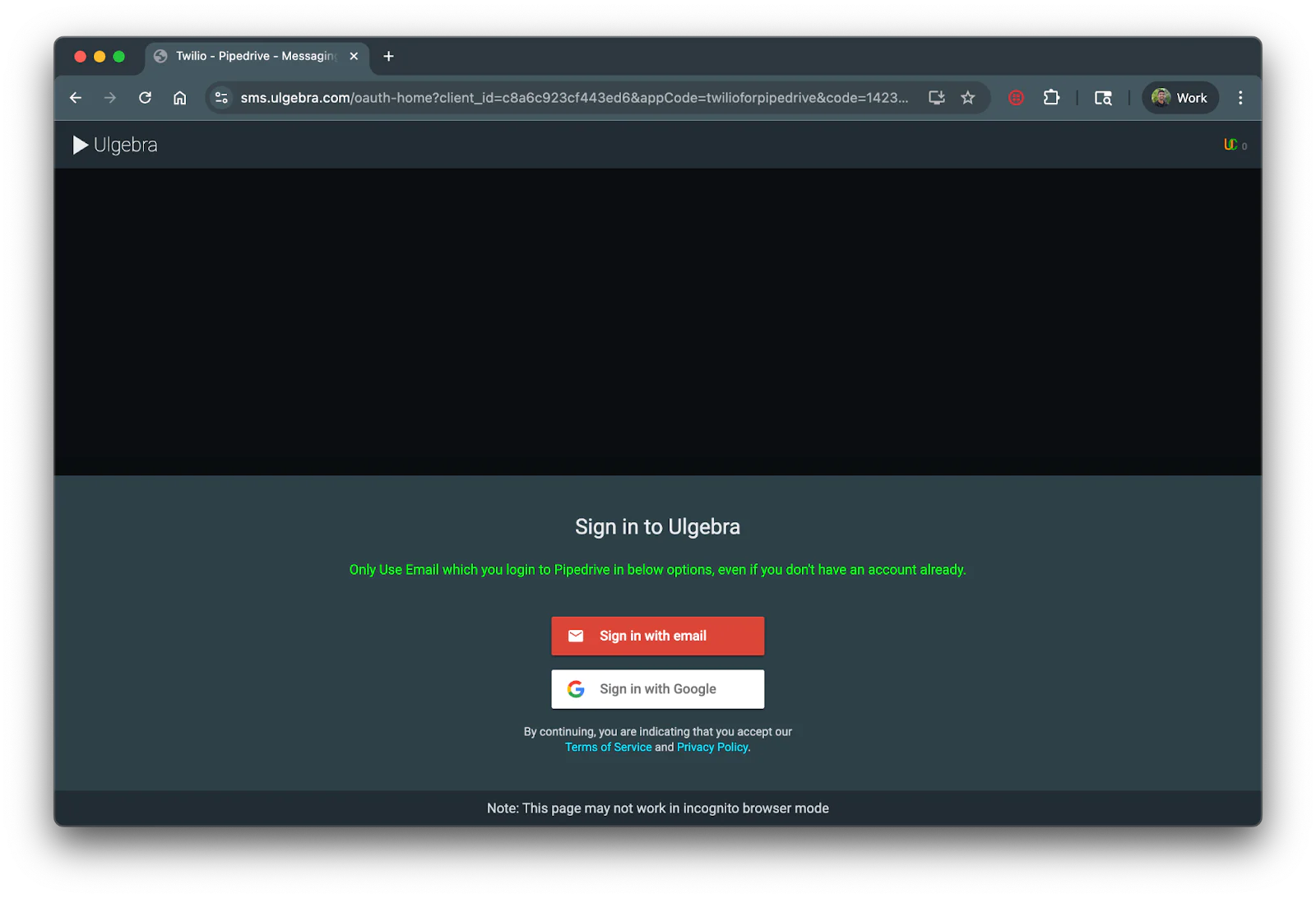 Screenshot of a log in menu to Ulgebra.