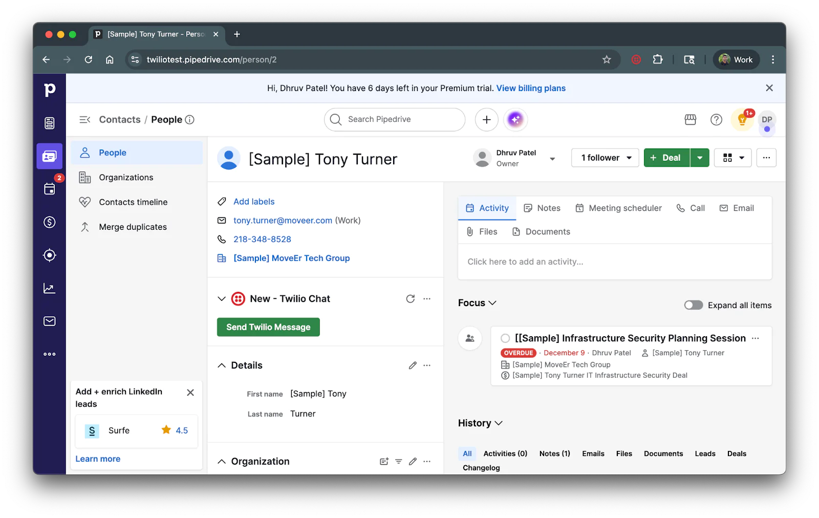 A contact page with details and a tab named, "New - Twilio Chat" for the Twilio app.