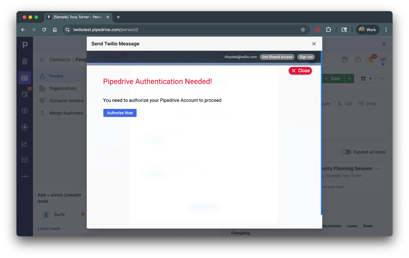 Screeenshot of authorization menu with a blue "Authorize Now" button.