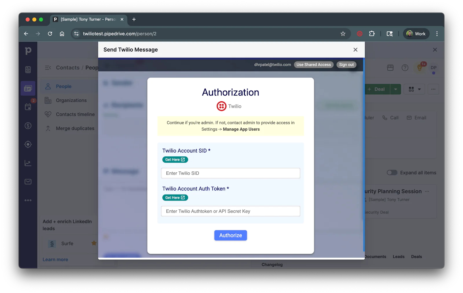Modal asking user to enter Twilio Account SID and Twilio Account Auth Token.