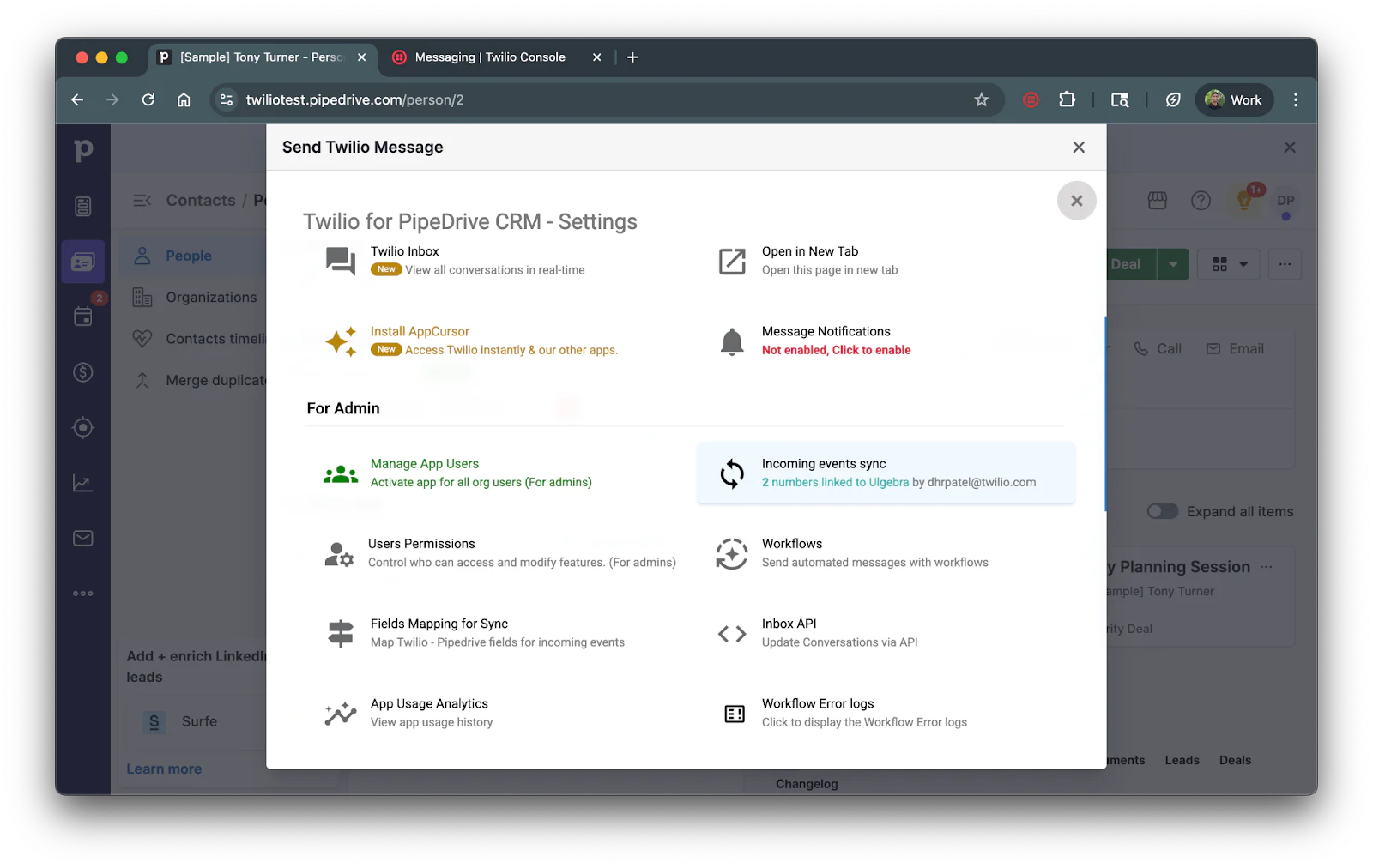 Modal showing setting options for the Twilio app on Pipedrive.