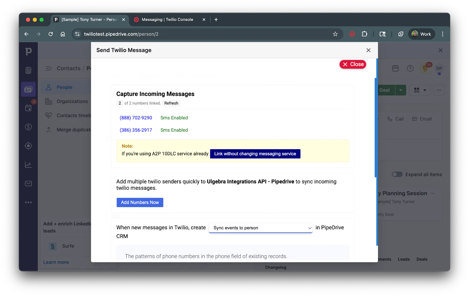 Capture incoming messages section of the Twilio settings app.
