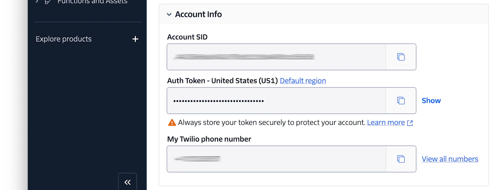 The Account Info panel of the Twilio Console's Account Dashboard. The Account SID and phone number values have been redacted.