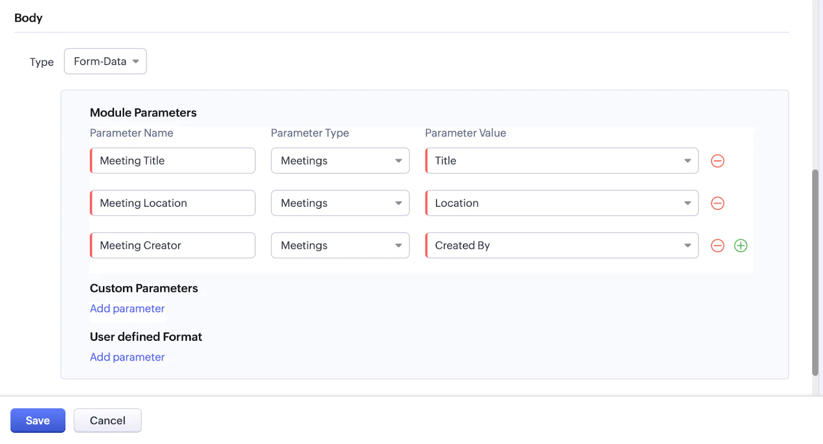 A screenshot showing how to add module parameters to a webhook in Zoho CRM.
