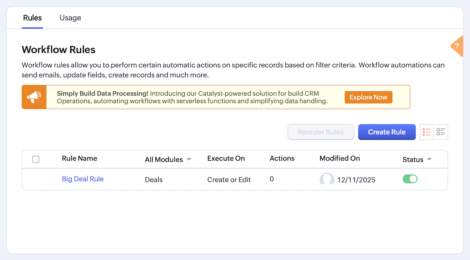 A listing of workflow rules in Zoho CRM.
