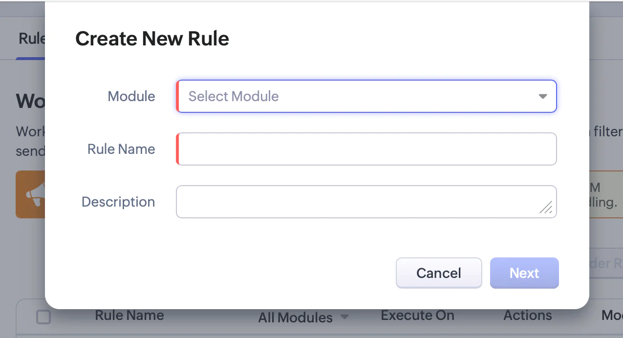 A screenshot showing how to create a new workflow rule in Zoho CRM.