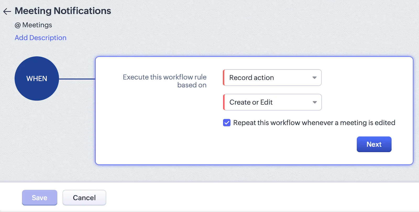 A screenshot showing how to define a webhook in Zoho CRM.