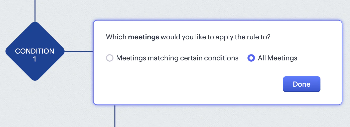 A screenshot showing how to apply a webhook condition in Zoho CRM.