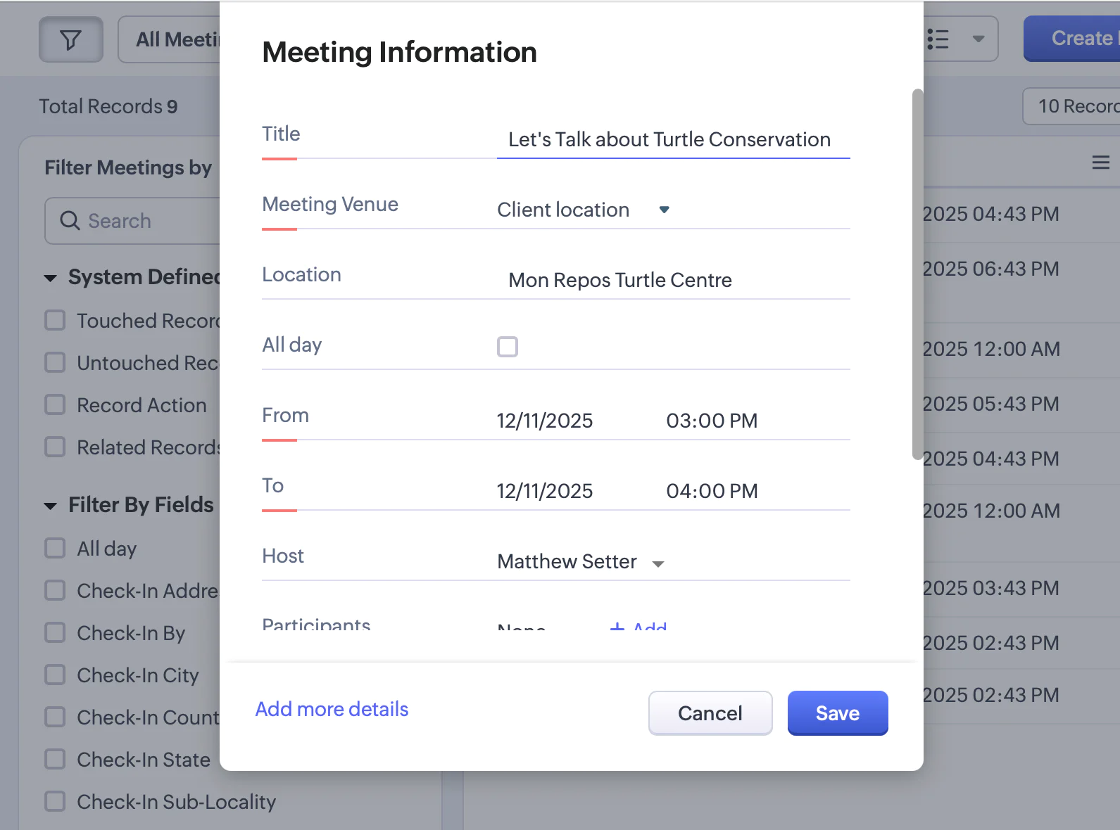 A screenshot showing how to create a meeting in Zoho CRM.