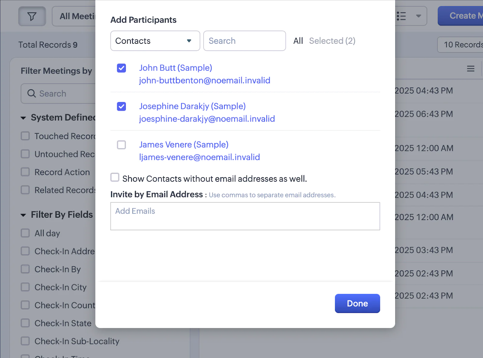 A screenshot showing how to add participants to a meeting in Zoho CRM.