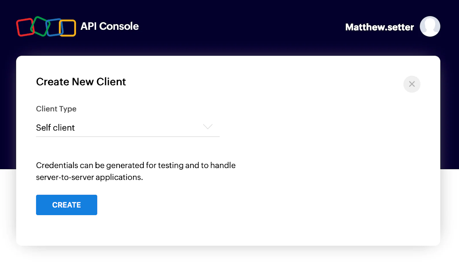The Zoho CRM Create New Client dialog/window, with Client Type set to Self client.
