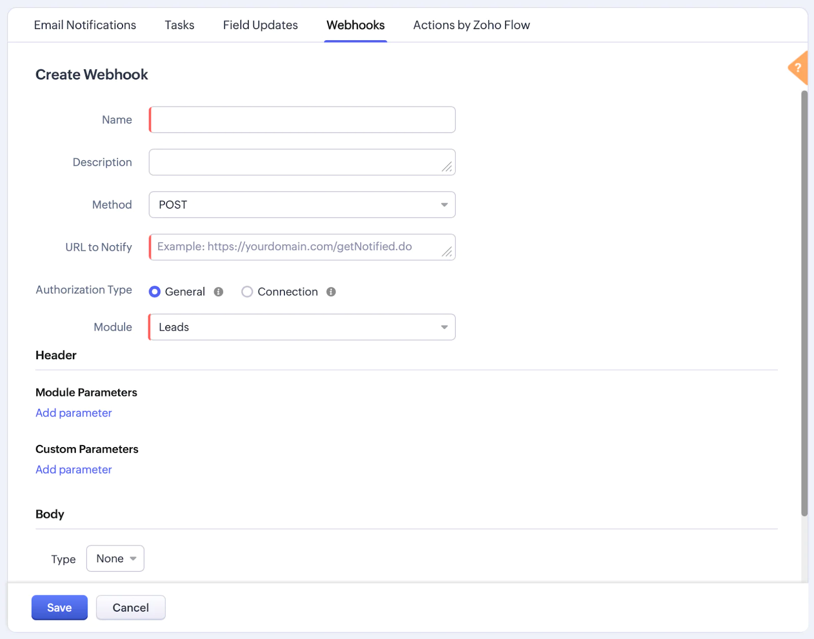 A screenshot showing how to create a webhook in Zoho CRM.