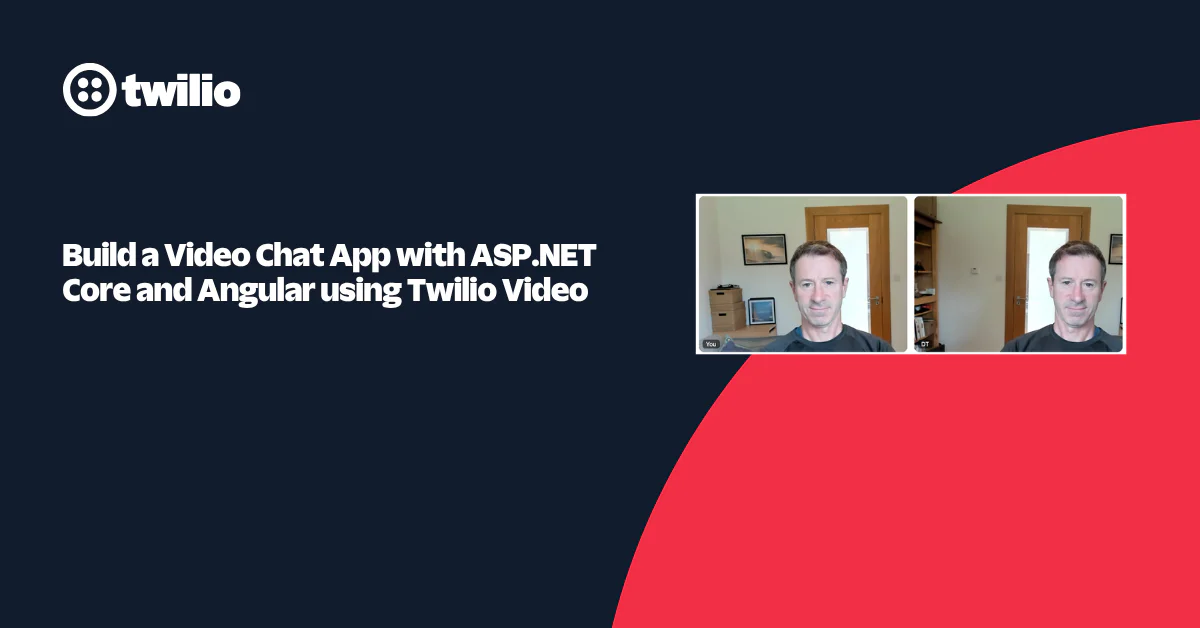 Twilio logo, video chat app with two participants, text