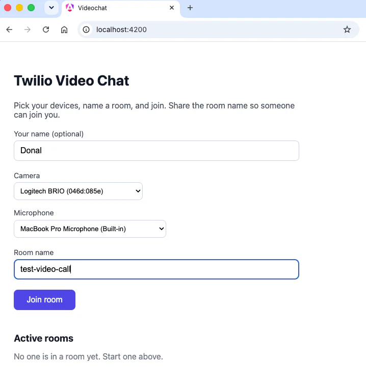 Twilio video chat setup with options to choose name, camera, microphone, and room name before joining.