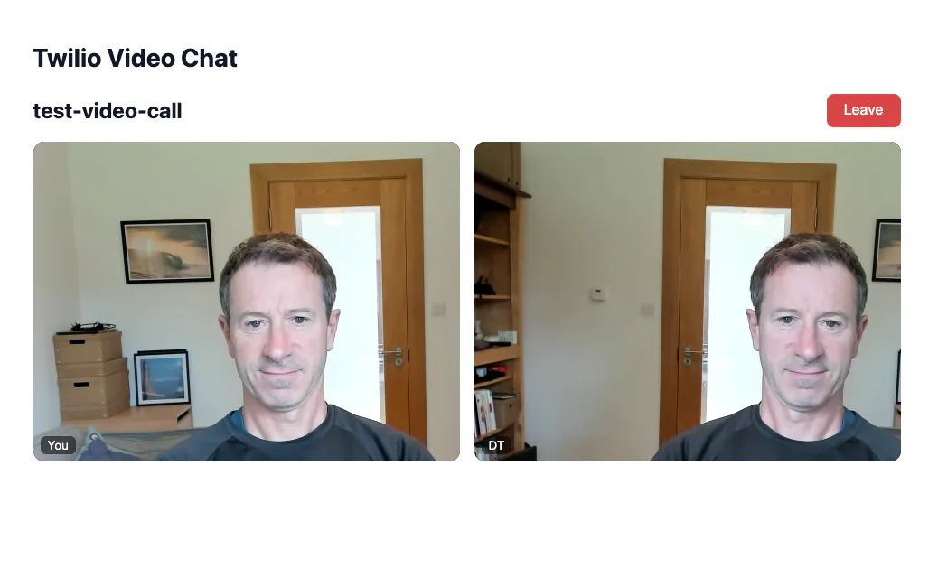 Two participants in a Twilio video chat, both in front of wooden doors with similar backgrounds.