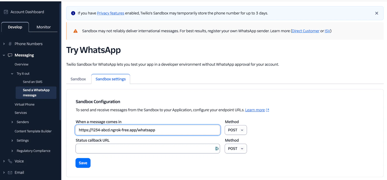 Screenshot of the Twilio Console WhatsApp Sandbox settings. A URL (https://1234abcd.ngrok-free.app/whatsapp) is visible in the incoming message webhook field.