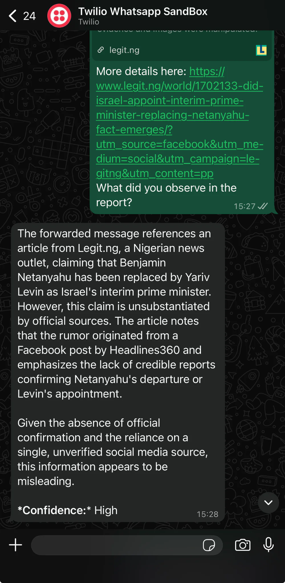 Screenshot of a successful WhatsApp interaction showing the bot's detailed response. 