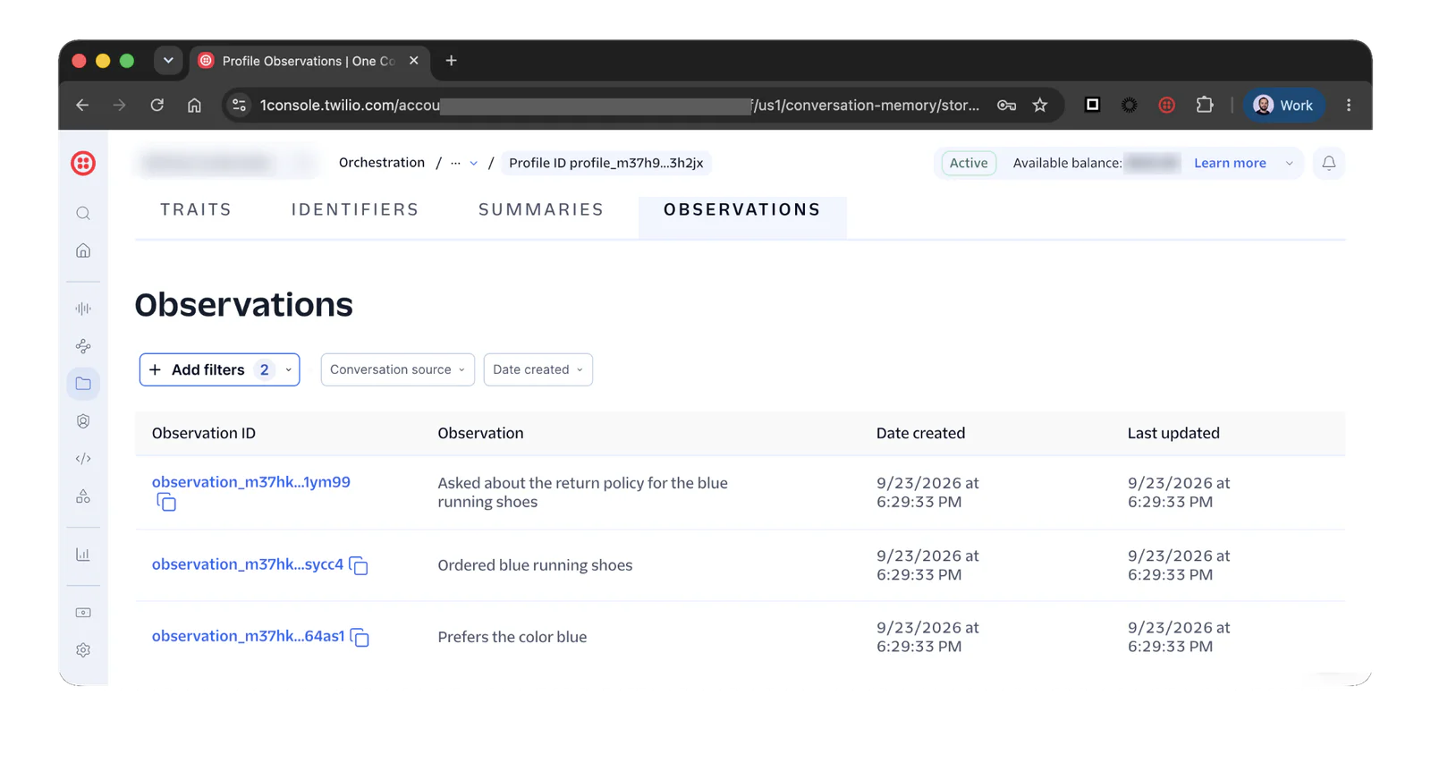 The Twilio Console Memory Store profile page with the Observations tab selected. A table with columns for Observation ID, Observation, Date created, and Last updated lists three rows: "Asked about the return policy for the blue running shoes", "Ordered blue running shoes", and "Prefers the color blue". Each observation ID is a link back to the source Conversation.