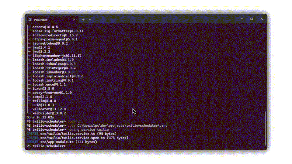 Screenshot of PowerShell window showing list of installed packages and creation of files.