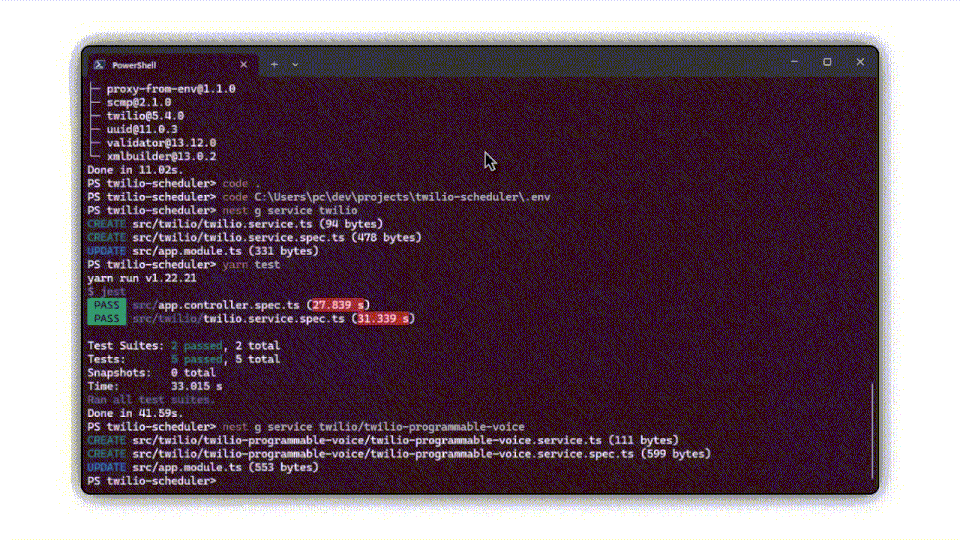 Terminal displaying executed commands, test results, file creation logs, and path details.