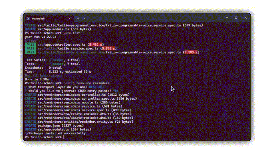 Terminal displaying test results and code updates for a Node.js application with Pass/Fail statuses.