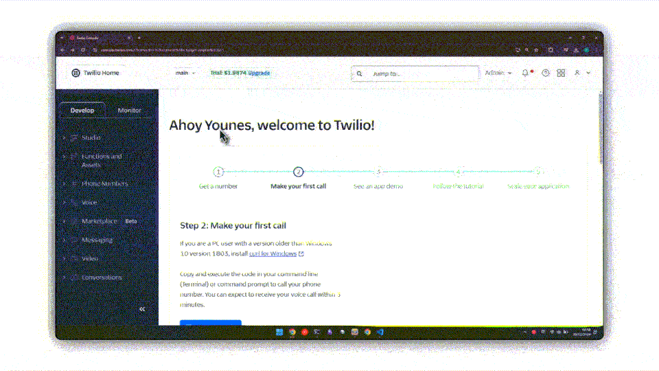 A screenshot of the Twilio dashboard showing a welcome message and instructions for making your first call.
